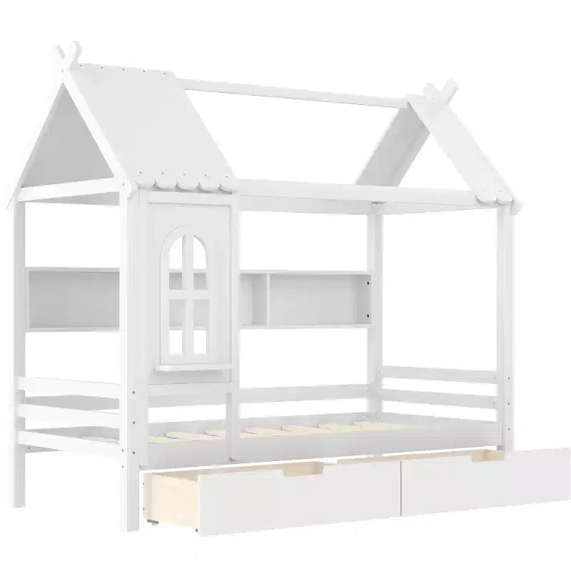 Lit cabane avec tiroirs de rangement et fenêtre, cadre en bois massif avec étagères, design amusant et enfantin, blanc clair