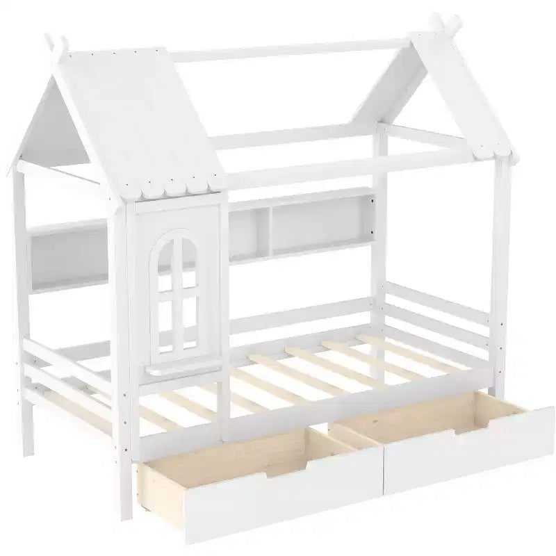 Lit cabane avec tiroirs de rangement et fenêtre, cadre en bois massif avec étagères, design amusant et enfantin, blanc clair