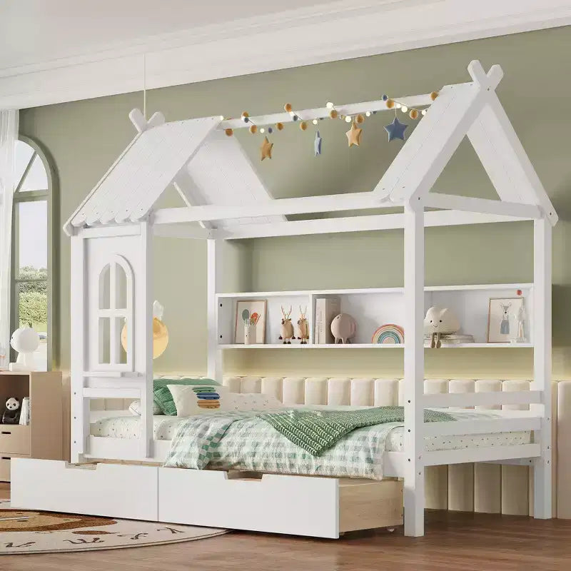Bellemave House Platform Bed with Storage Drawers and Window,Solid Wood House Platform Bed Frame with Shelves,Childlike Fun Design,Light