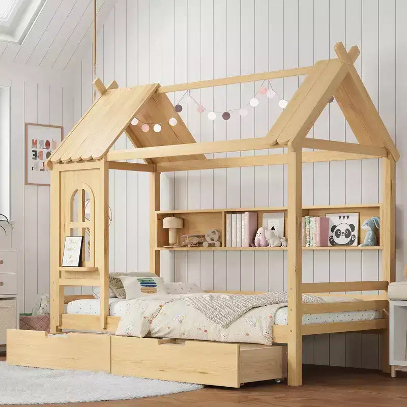 Lit cabane avec tiroirs de rangement et fenêtre, cadre en bois massif avec étagères, design amusant et enfantin, blanc clair