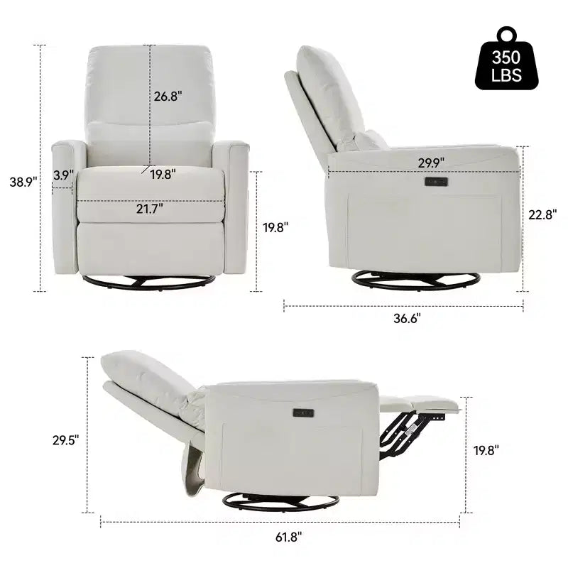 Fauteuil inclinable, pivotant et berçant électrique, planeur en tissu avec support lombaire, ports USB/Type-C, petit canapé inclinable pour chambre de bébé et salon