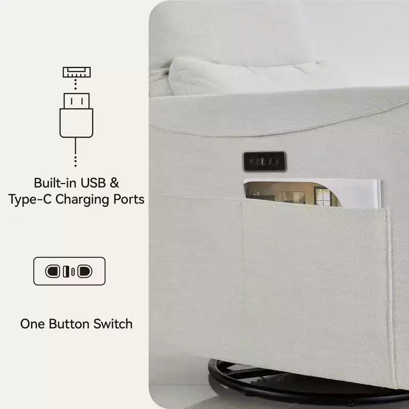 Fauteuil inclinable, pivotant et berçant électrique, planeur en tissu avec support lombaire, ports USB/Type-C, petit canapé inclinable pour chambre de bébé et salon
