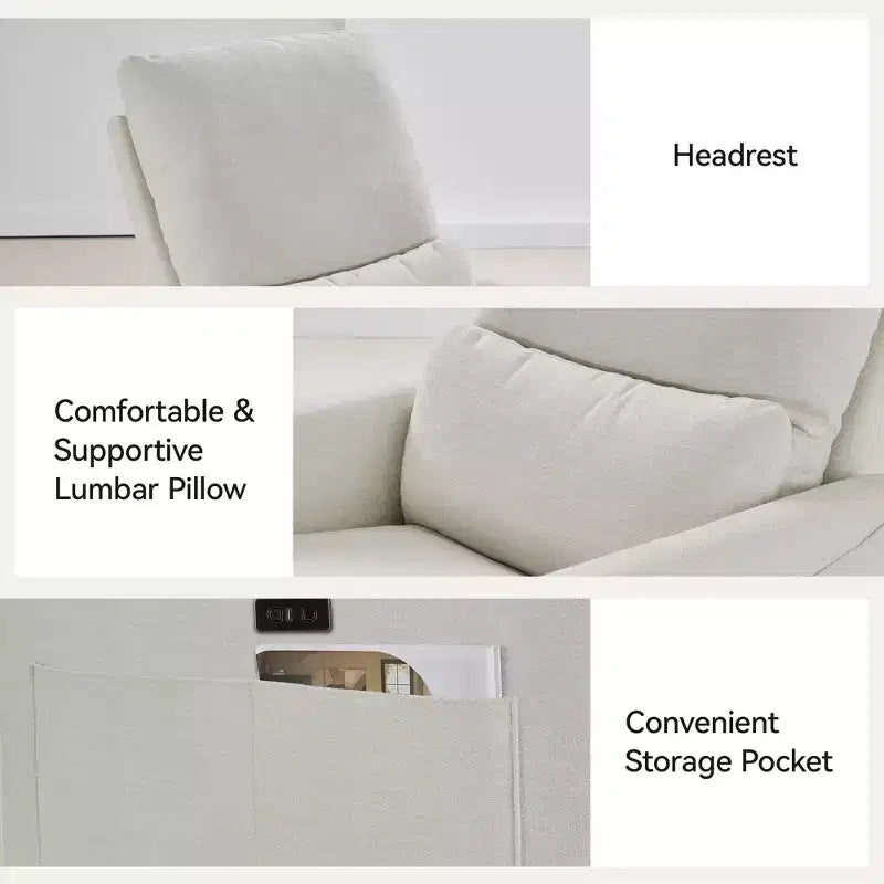 Fauteuil inclinable, pivotant et berçant électrique, planeur en tissu avec support lombaire, ports USB/Type-C, petit canapé inclinable pour chambre de bébé et salon