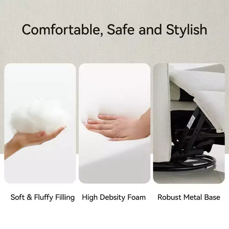 Fauteuil inclinable, pivotant et berçant électrique, planeur en tissu avec support lombaire, ports USB/Type-C, petit canapé inclinable pour chambre de bébé et salon