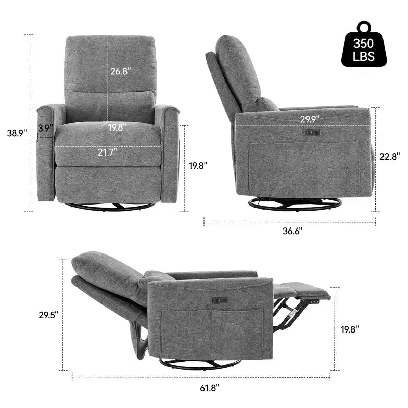 Fauteuil inclinable, pivotant et berçant électrique, planeur en tissu avec support lombaire, ports USB/Type-C, petit canapé inclinable pour chambre de bébé et salon
