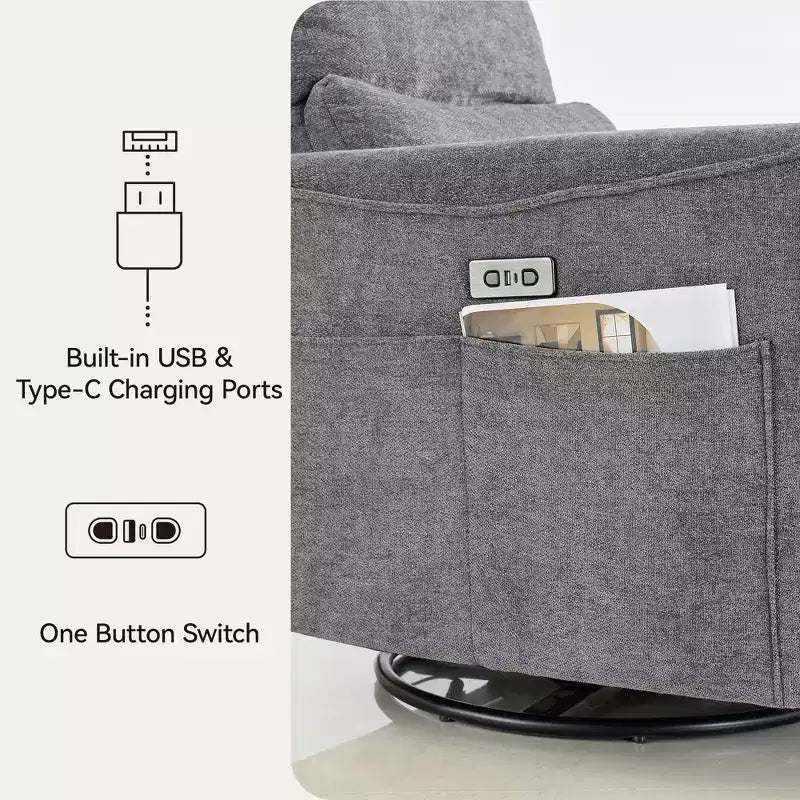 Fauteuil inclinable, pivotant et berçant électrique, planeur en tissu avec support lombaire, ports USB/Type-C, petit canapé inclinable pour chambre de bébé et salon