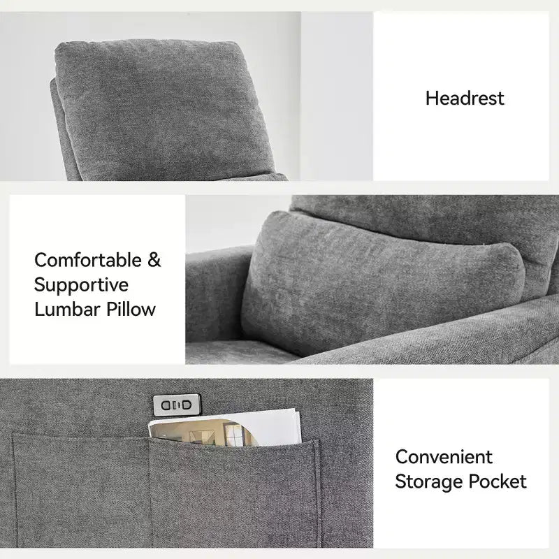 Fauteuil inclinable, pivotant et berçant électrique, planeur en tissu avec support lombaire, ports USB/Type-C, petit canapé inclinable pour chambre de bébé et salon