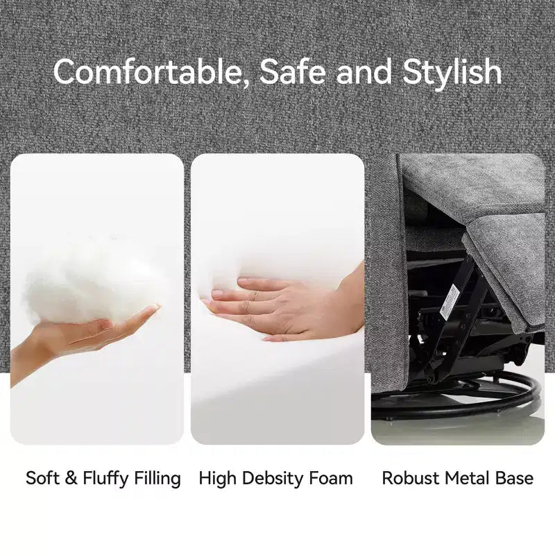 Fauteuil inclinable, pivotant et berçant électrique, planeur en tissu avec support lombaire, ports USB/Type-C, petit canapé inclinable pour chambre de bébé et salon