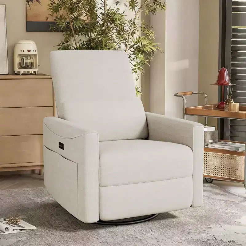 Fauteuil inclinable, pivotant et berçant électrique, planeur en tissu avec support lombaire, ports USB/Type-C, petit canapé inclinable pour chambre de bébé et salon