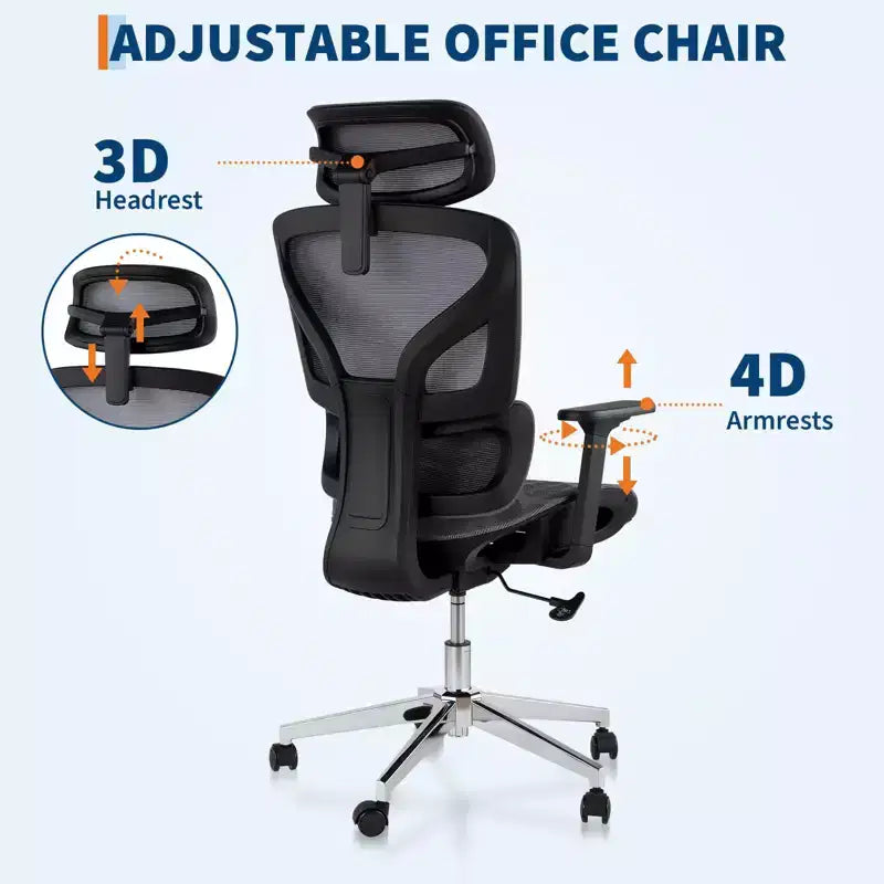 Chaise de bureau ergonomique en maille à dossier haut - accoudoirs réglables 4D, soutien lombaire et appui-tête, siège coulissant, chaise de bureau à roulettes pour ordinateur