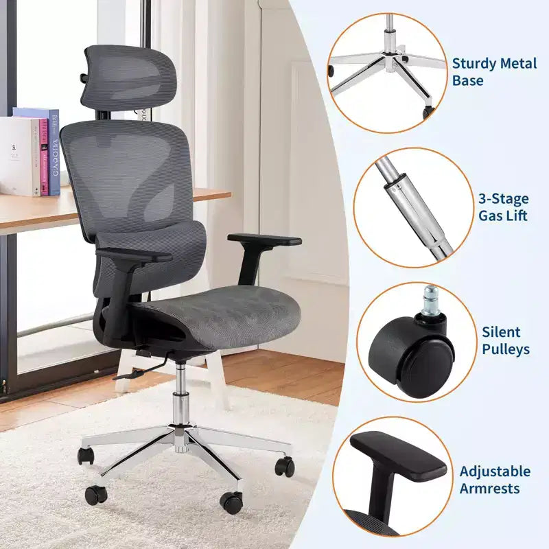 Chaise de bureau ergonomique en maille à dossier haut - accoudoirs réglables 4D, soutien lombaire et appui-tête, siège coulissant, chaise de bureau à roulettes pour ordinateur