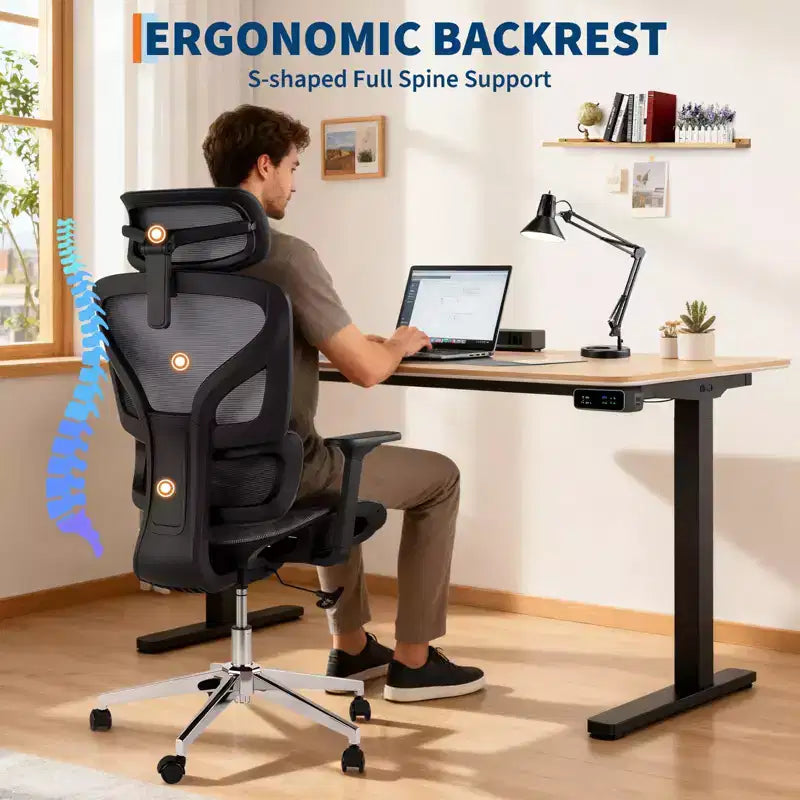 Chaise de bureau ergonomique en maille à dossier haut - accoudoirs réglables 4D, soutien lombaire et appui-tête, siège coulissant, chaise de bureau à roulettes pour ordinateur