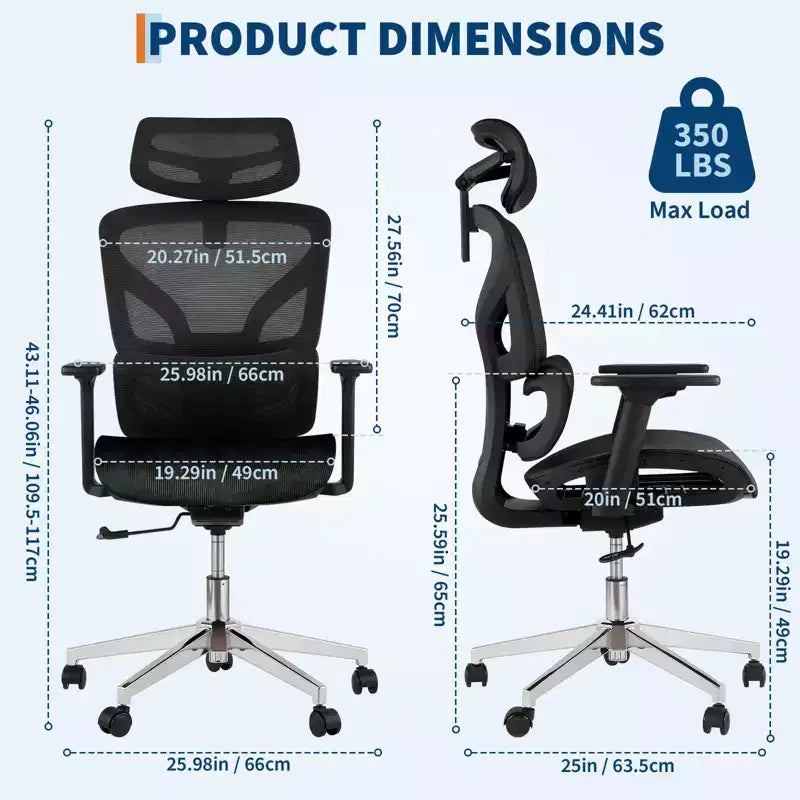 Chaise de bureau ergonomique en maille à dossier haut - accoudoirs réglables 4D, soutien lombaire et appui-tête, siège coulissant, chaise de bureau à roulettes pour ordinateur