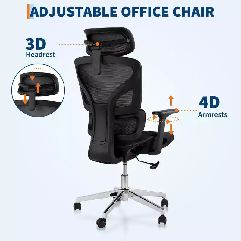 Chaise de bureau ergonomique en maille à dossier haut - accoudoirs réglables 4D, soutien lombaire et appui-tête, siège coulissant, chaise de bureau à roulettes pour ordinateur