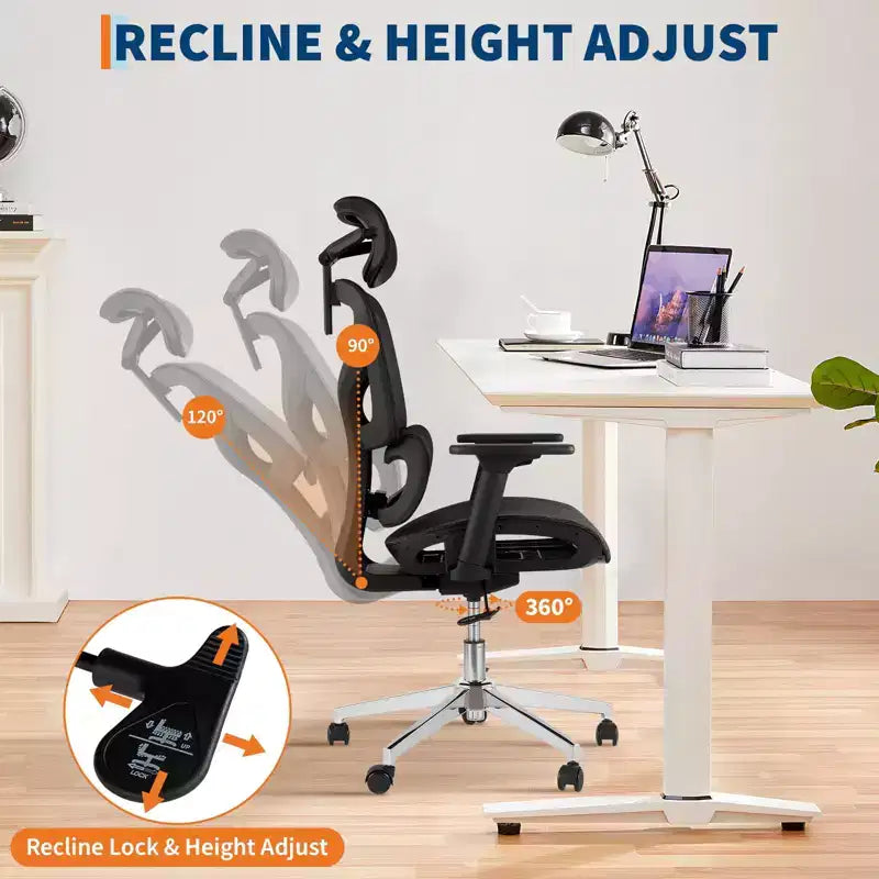 Chaise de bureau ergonomique en maille à dossier haut - accoudoirs réglables 4D, soutien lombaire et appui-tête, siège coulissant, chaise de bureau à roulettes pour ordinateur