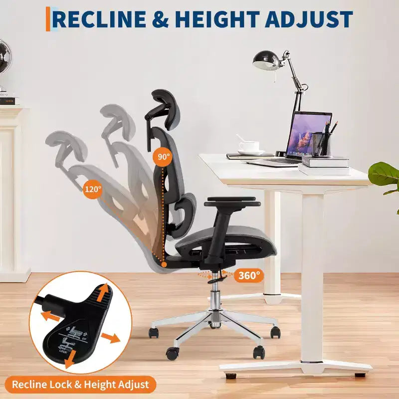 Chaise de bureau ergonomique en maille à dossier haut - accoudoirs réglables 4D, soutien lombaire et appui-tête, siège coulissant, chaise de bureau à roulettes pour ordinateur