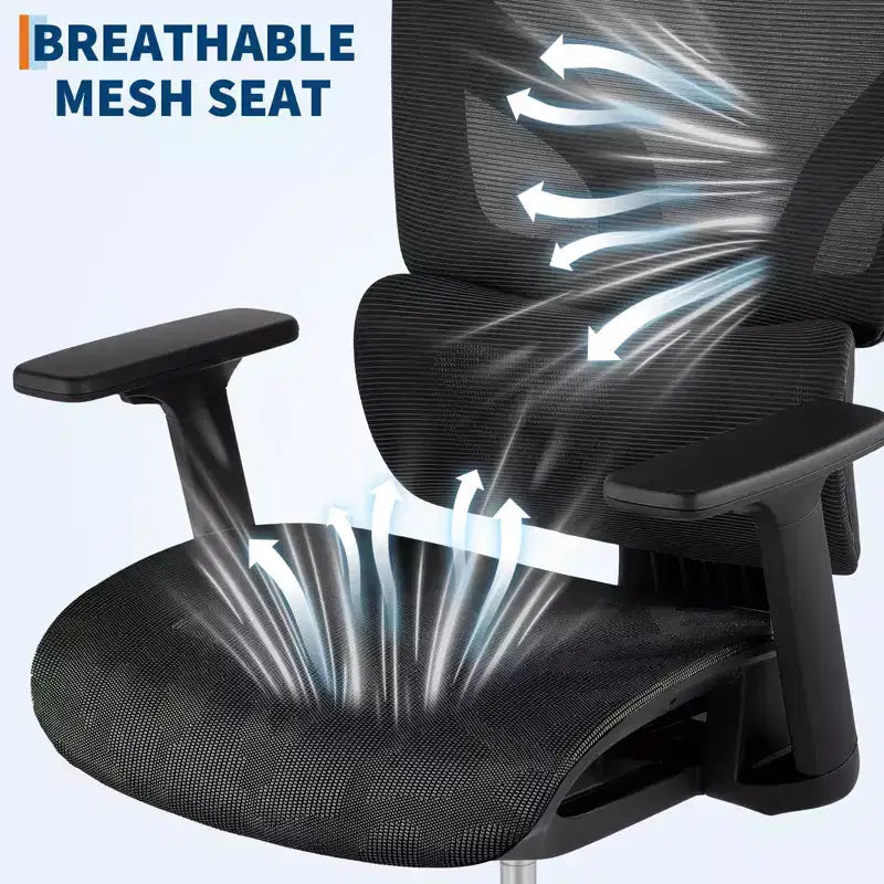 Chaise de bureau ergonomique en maille à dossier haut - accoudoirs réglables 4D, soutien lombaire et appui-tête, siège coulissant, chaise de bureau à roulettes pour ordinateur