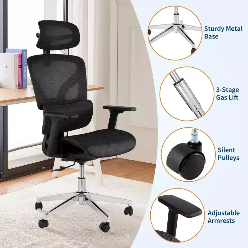 Chaise de bureau ergonomique en maille à dossier haut - accoudoirs réglables 4D, soutien lombaire et appui-tête, siège coulissant, chaise de bureau à roulettes pour ordinateur