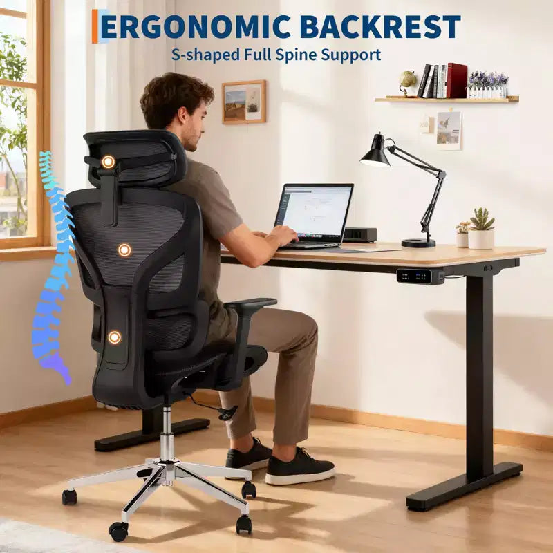 Chaise de bureau ergonomique en maille à dossier haut - accoudoirs réglables 4D, soutien lombaire et appui-tête, siège coulissant, chaise de bureau à roulettes pour ordinateur