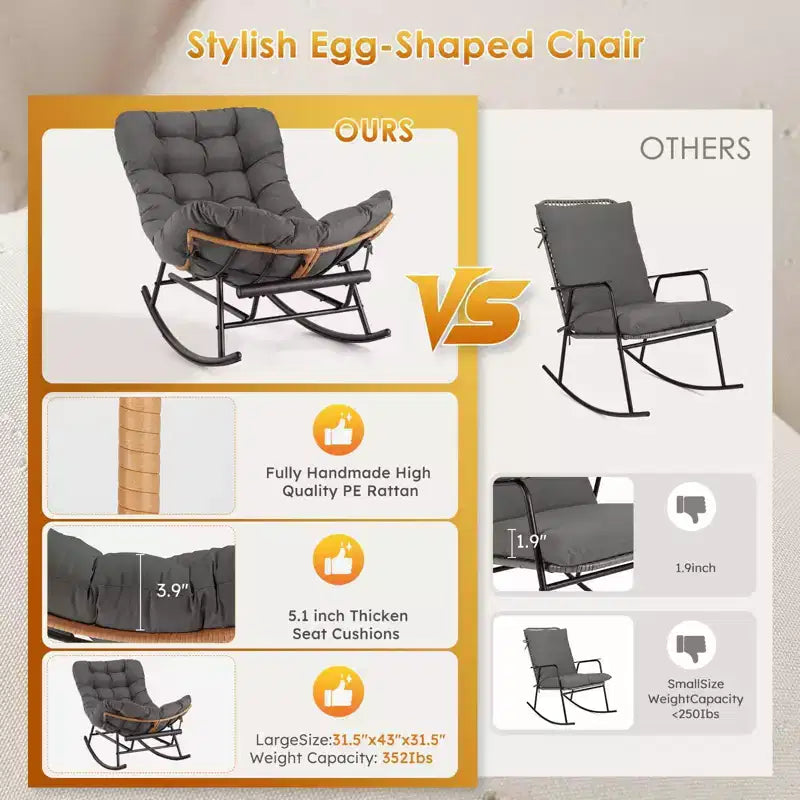 Fauteuil à bascule - Fauteuils à bascule d'extérieur surdimensionnés avec repose-pieds, Fauteuil à bascule œuf Papasan d'intérieur pour chambre à coucher, salon, véranda, jardin, pelouse