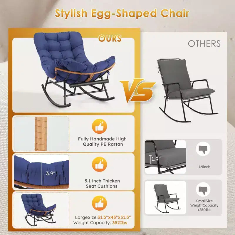 Fauteuil à bascule - Fauteuils à bascule d'extérieur surdimensionnés avec repose-pieds, Fauteuil à bascule œuf Papasan d'intérieur pour chambre à coucher, salon, véranda, jardin, pelouse