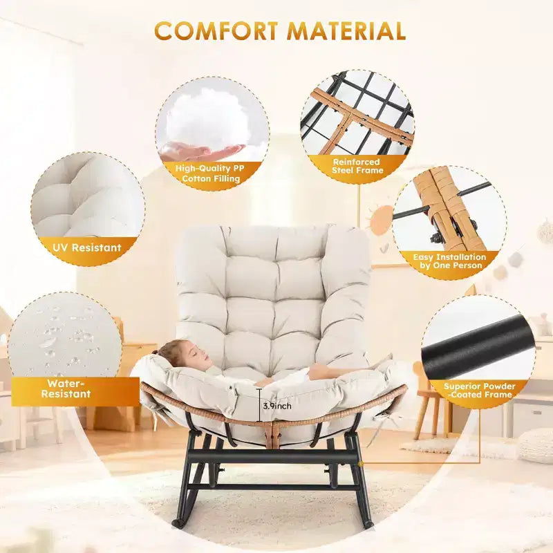 Fauteuil à bascule - Fauteuils à bascule d'extérieur surdimensionnés avec repose-pieds, Fauteuil à bascule œuf Papasan d'intérieur pour chambre à coucher, salon, véranda, jardin, pelouse