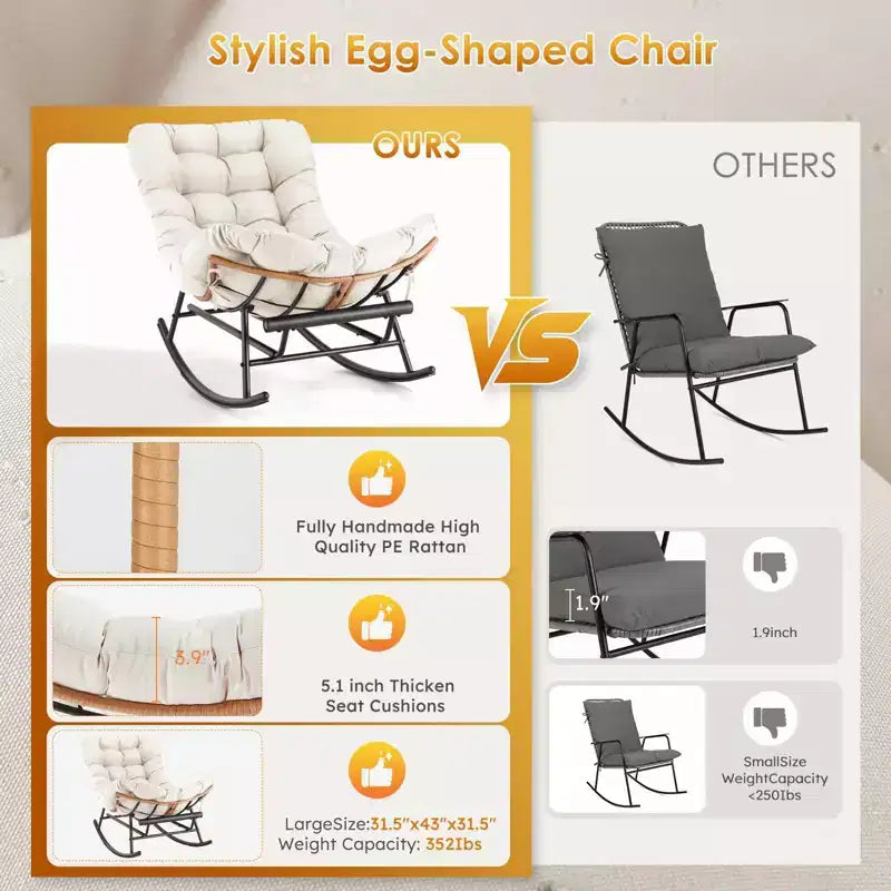 Fauteuil à bascule - Fauteuils à bascule d'extérieur surdimensionnés avec repose-pieds, Fauteuil à bascule œuf Papasan d'intérieur pour chambre à coucher, salon, véranda, jardin, pelouse