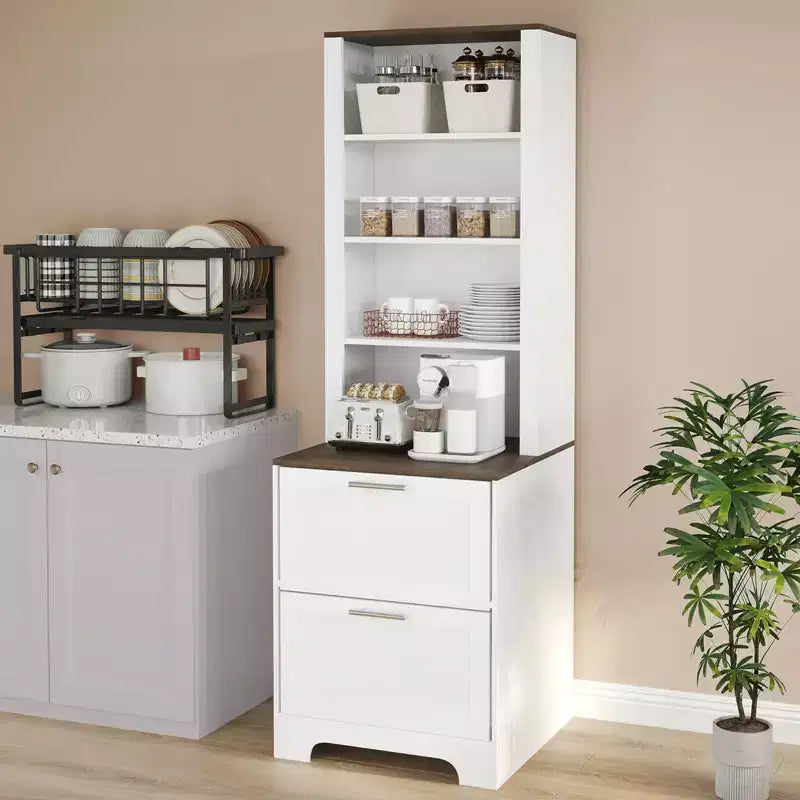 GustoWave 72 Tall Bookcase with 2 File Drawers, Modern 5-Tier Wood Bookshelf with Adjustable Shelves for Home Office, Living Room, White