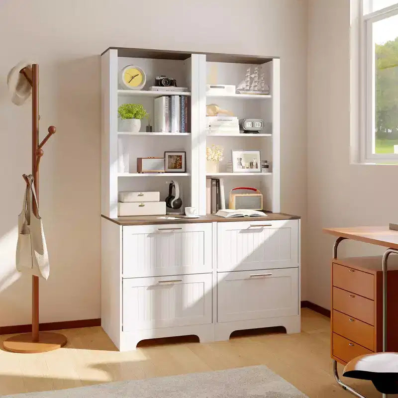 Bibliothèque haute de 183 cm avec 2 tiroirs de classement, bibliothèque moderne à 5 niveaux en bois avec étagères réglables pour bureau à domicile, salon, blanc