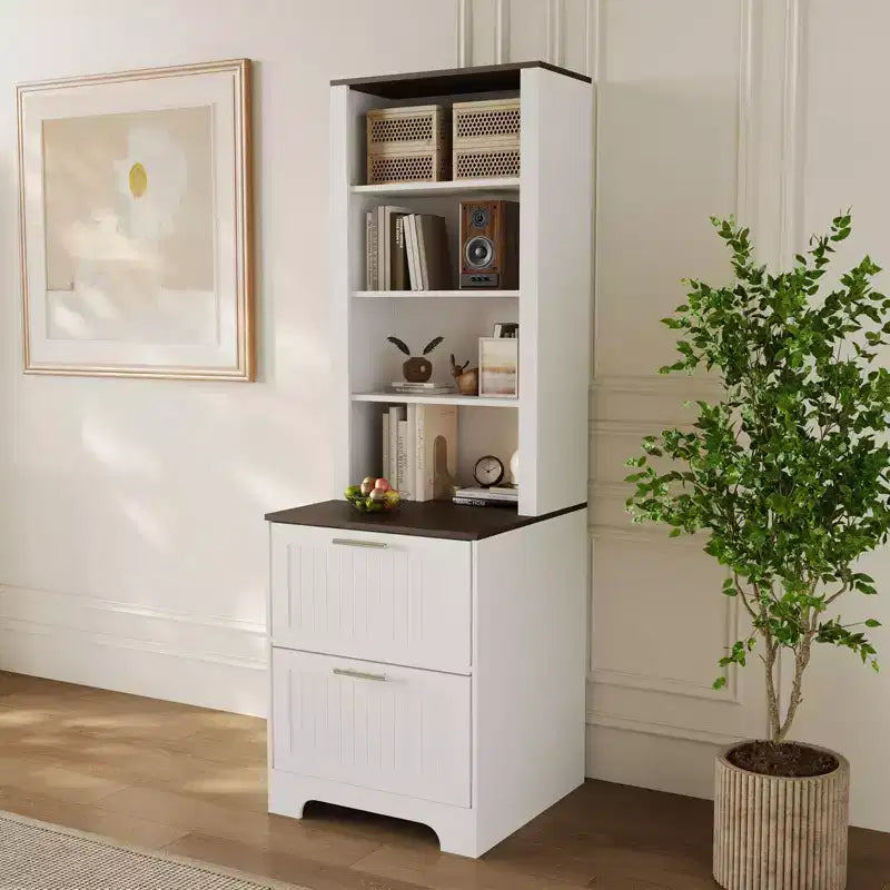 Bibliothèque haute de 183 cm avec 2 tiroirs de classement, bibliothèque moderne à 5 niveaux en bois avec étagères réglables pour bureau à domicile, salon, blanc