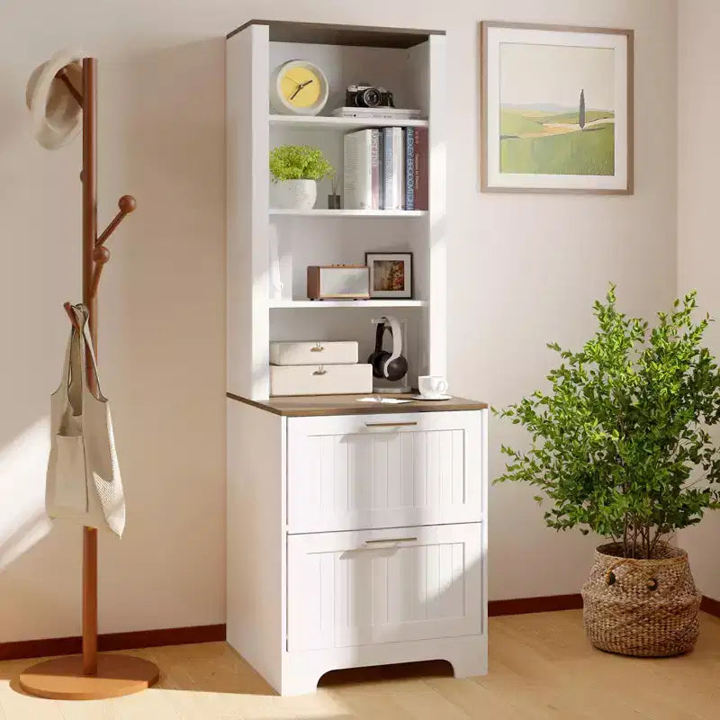 Bibliothèque haute de 183 cm avec 2 tiroirs de classement, bibliothèque moderne à 5 niveaux en bois avec étagères réglables pour bureau à domicile, salon, blanc