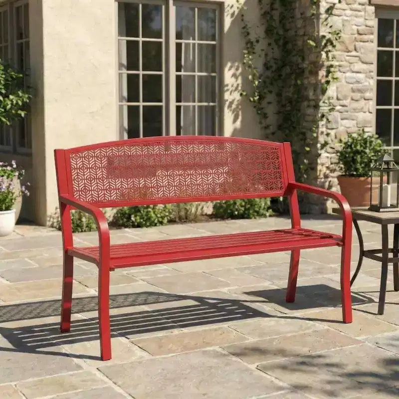Banc d'extérieur en métal 2 places pour jardin, bancs en acier avec dossier géométrique pour terrasse, jardin et porche