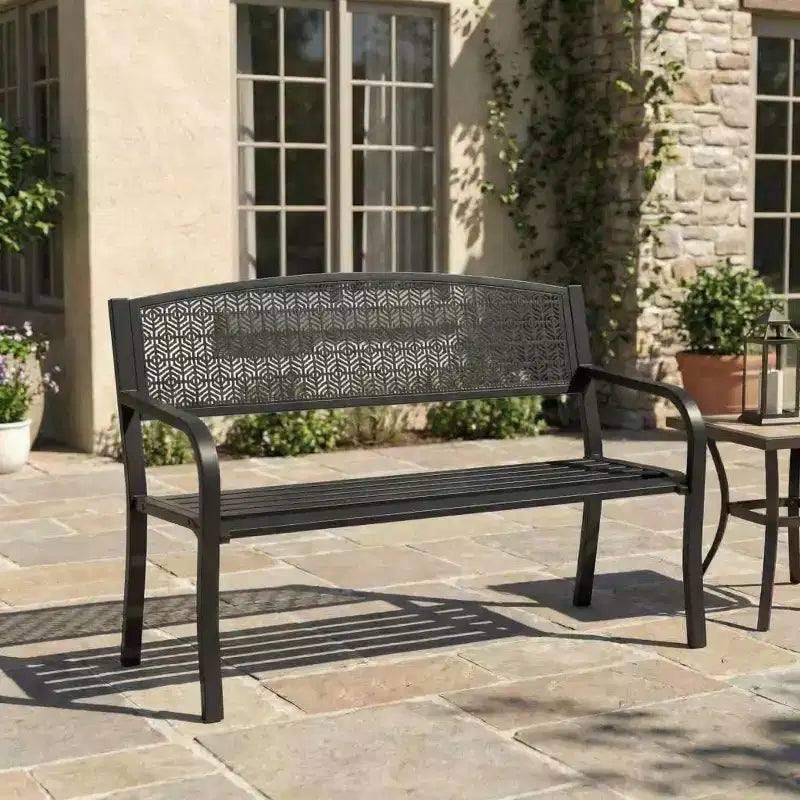 Banc d'extérieur en métal 2 places pour jardin, bancs en acier avec dossier géométrique pour terrasse, jardin et porche