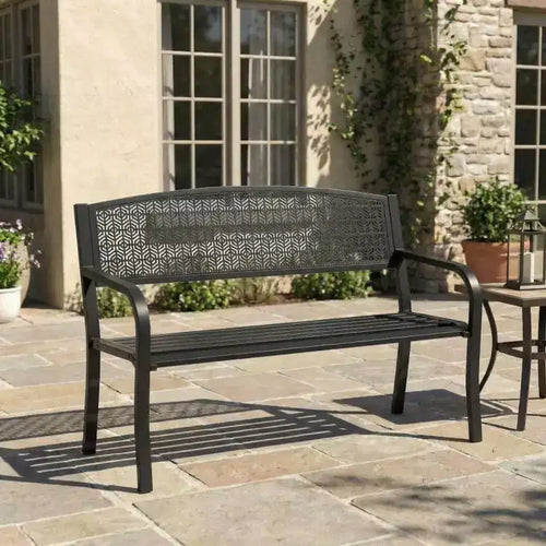 Banc d'extérieur en métal 2 places pour jardin, bancs en acier avec dossier géométrique pour terrasse, jardin et porche