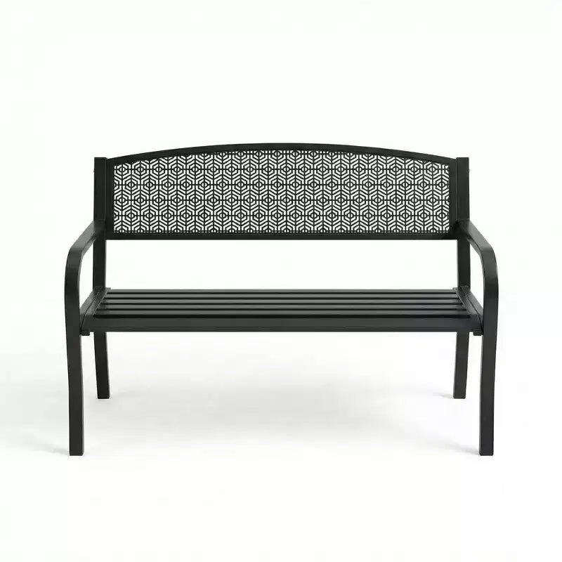 Banc d'extérieur en métal 2 places pour jardin, bancs en acier avec dossier géométrique pour terrasse, jardin et porche