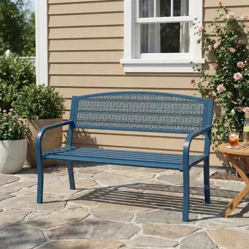Banc d'extérieur en métal 2 places pour jardin, bancs en acier avec dossier géométrique pour terrasse, jardin et porche
