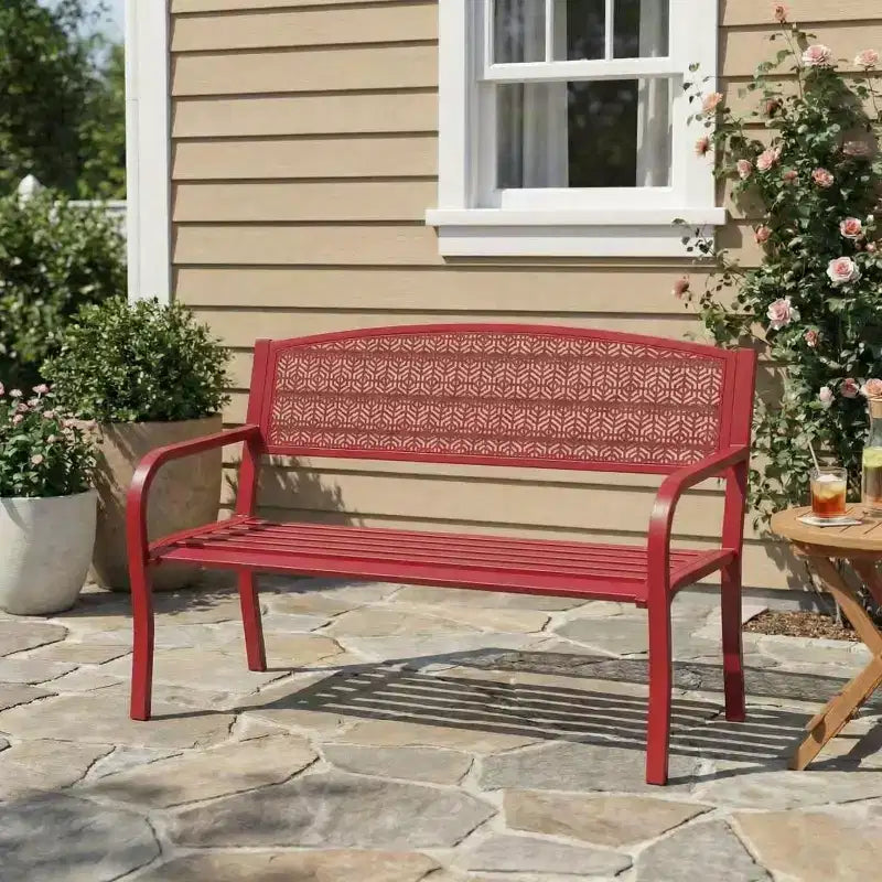 Banc d'extérieur en métal 2 places pour jardin, bancs en acier avec dossier géométrique pour terrasse, jardin et porche