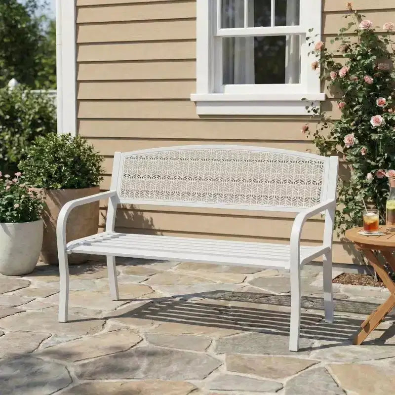 Banc d'extérieur en métal 2 places pour jardin, bancs en acier avec dossier géométrique pour terrasse, jardin et porche