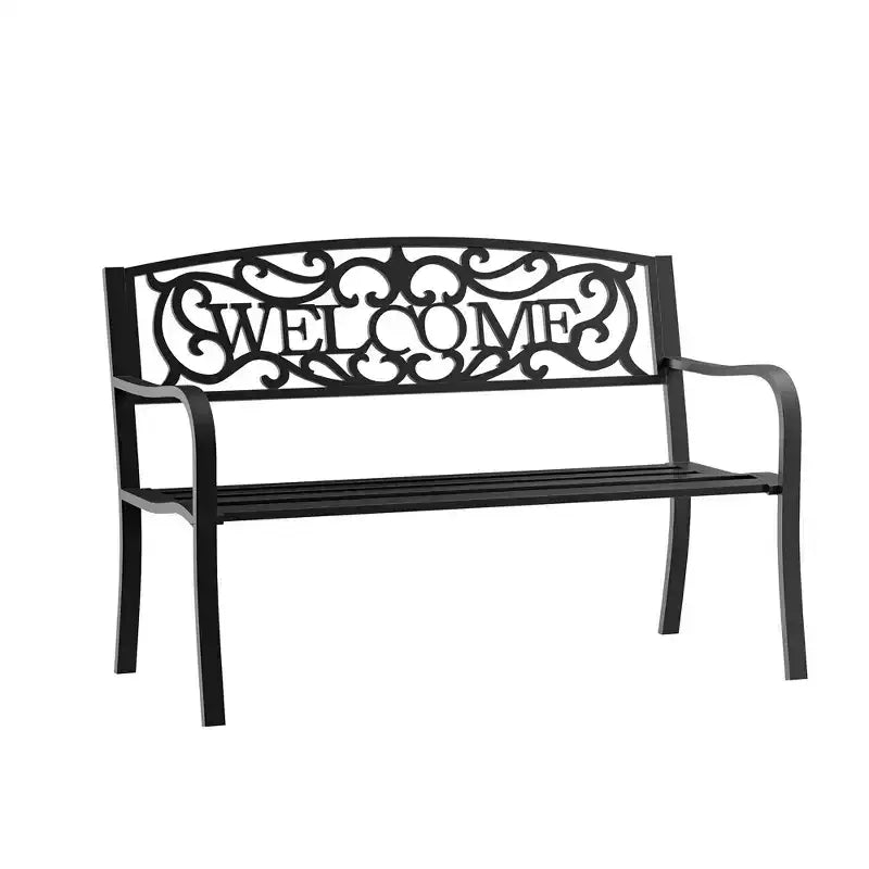 Banc d'extérieur en métal de 50 pouces avec inscription "Welcome", banc de jardin avec assise à lattes, banc de patio noir