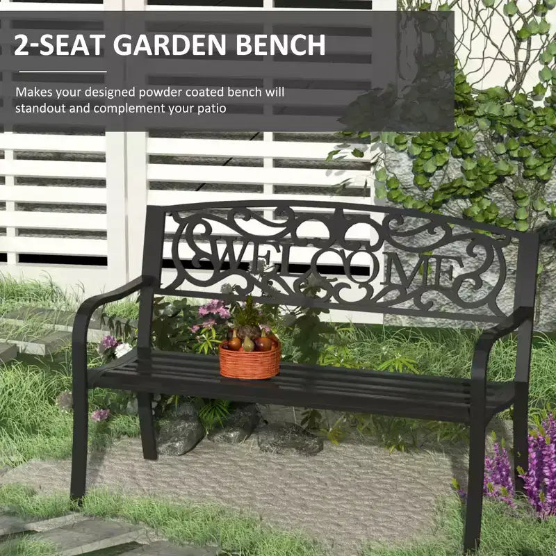 Banc d'extérieur en métal de 50 pouces avec inscription "Welcome", banc de jardin avec assise à lattes, banc de patio noir