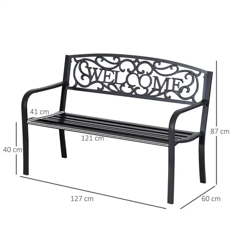 Banc d'extérieur en métal de 50 pouces avec inscription "Welcome", banc de jardin avec assise à lattes, banc de patio noir
