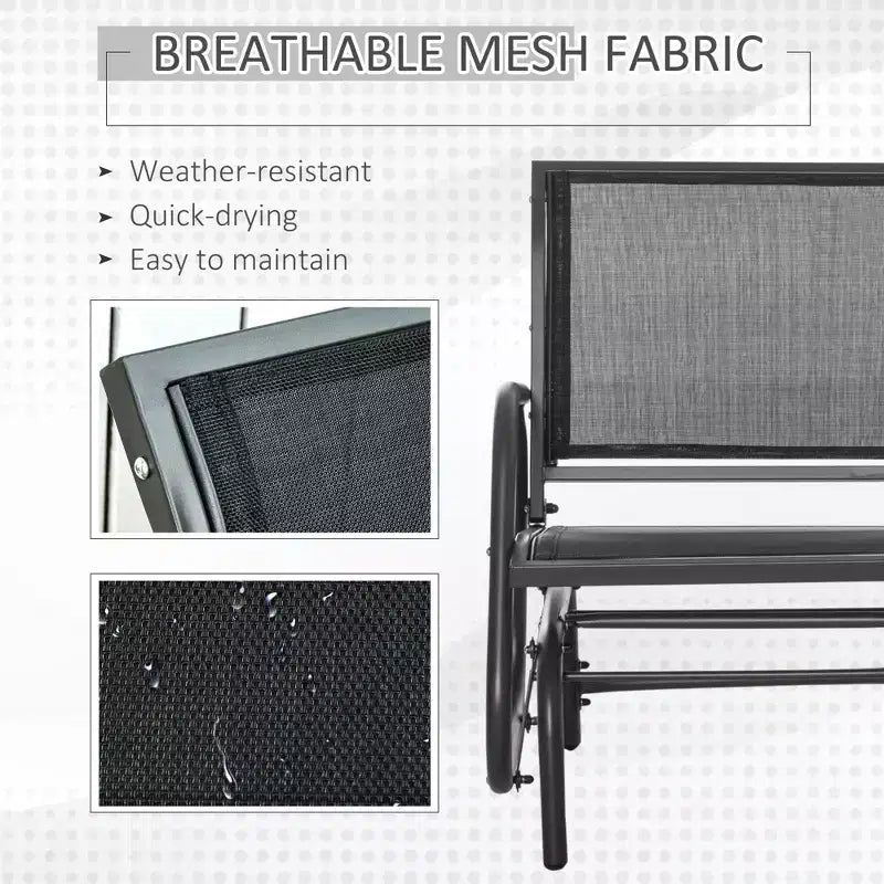 Chaise longue à bascule d'extérieur 2 places en métal avec tissu maillé respirant et accoudoirs incurvés