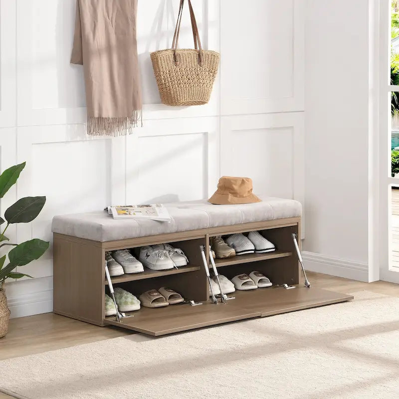 Banc à chaussures 49, Meuble de rangement pour chaussures d'entrée avec coussin rembourré et double portes pour entrée, couloir