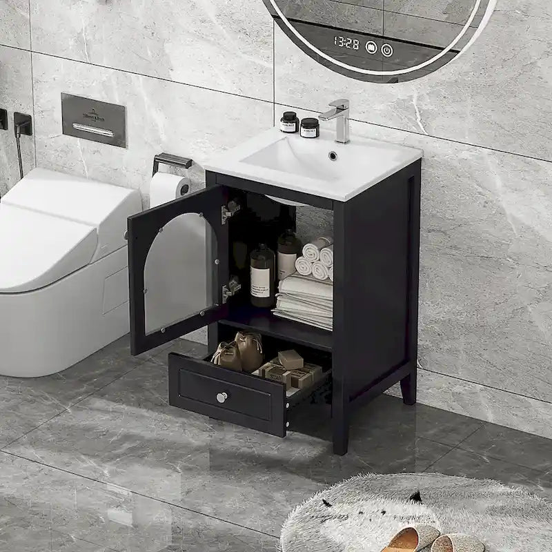 Meuble-lavabo de salle de bain 20 pouces avec évier, meuble-lavabo moderne, armoire de salle de bain compacte avec porte en verre, tiroir