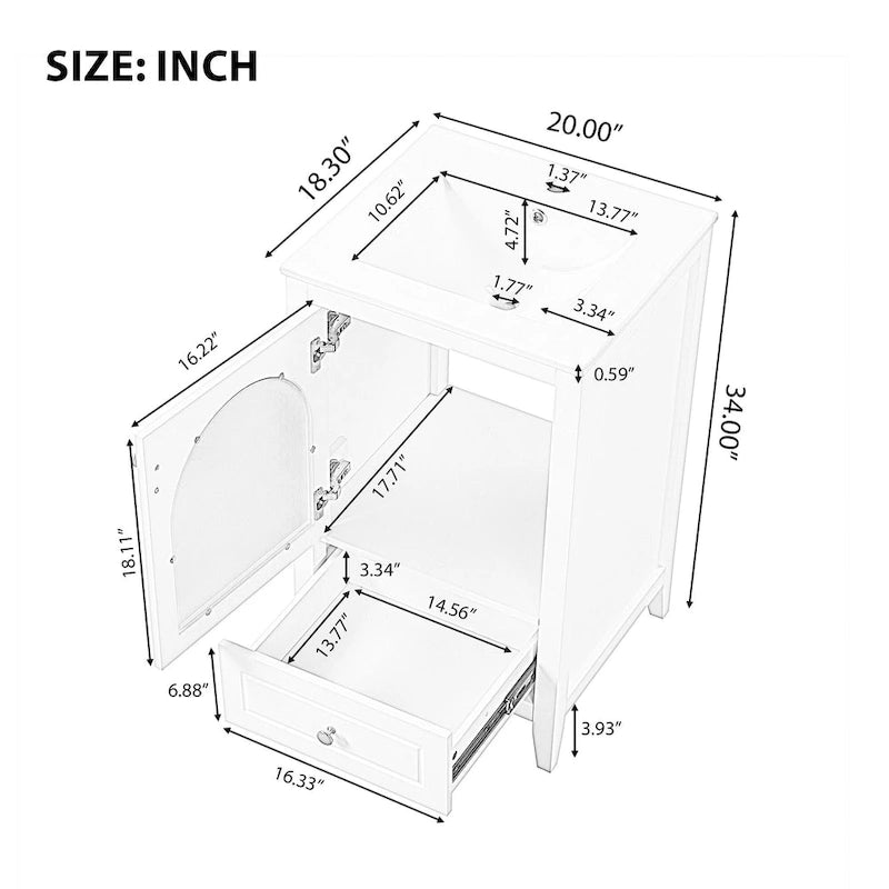 Meuble-lavabo de salle de bain 20 pouces avec évier, meuble-lavabo moderne, armoire de salle de bain compacte avec porte en verre, tiroir