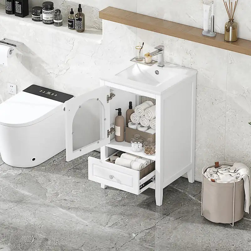 Meuble-lavabo de salle de bain 20 pouces avec évier, meuble-lavabo moderne, armoire de salle de bain compacte avec porte en verre, tiroir