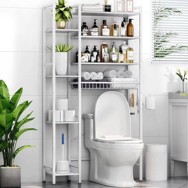 Étagère de rangement 8 niveaux au-dessus des toilettes avec porte-serviettes latéral, étagère de rangement au-dessus des toilettes avec étagère réglable et panier de vidange