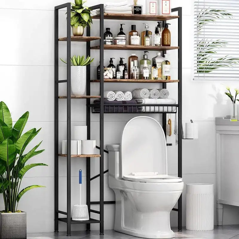 Étagère de rangement 8 niveaux au-dessus des toilettes avec porte-serviettes latéral, étagère de rangement au-dessus des toilettes avec étagère réglable et panier de vidange