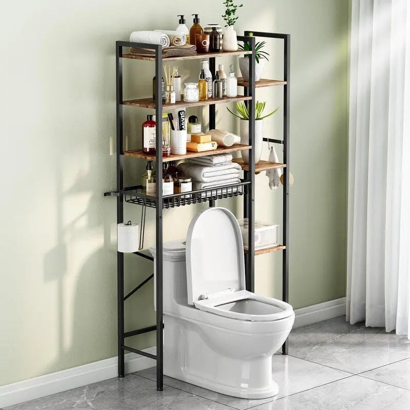 Étagère de rangement 8 niveaux au-dessus des toilettes avec porte-serviettes latéral, étagère de rangement au-dessus des toilettes avec étagère réglable et panier de vidange