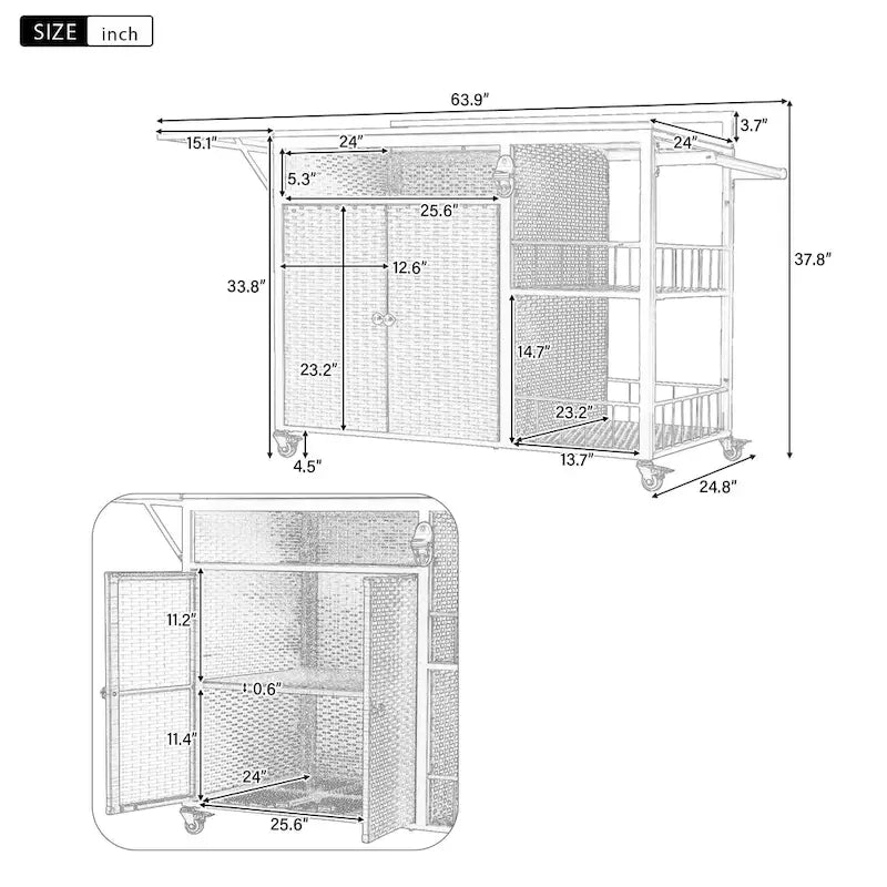 Îlot de cuisine d'extérieur de 63,5 po avec plateau pliant et grand espace de rangement